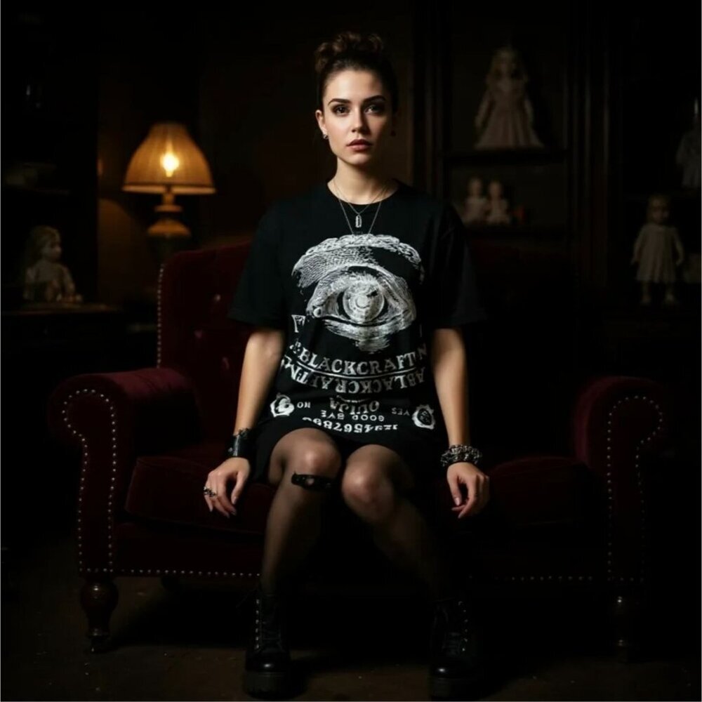 Blackcraft ✦ Ouija Eye Graphic Tee ✦ Black White Occult Print Unisex Cotton XS - Picture 2 of 7